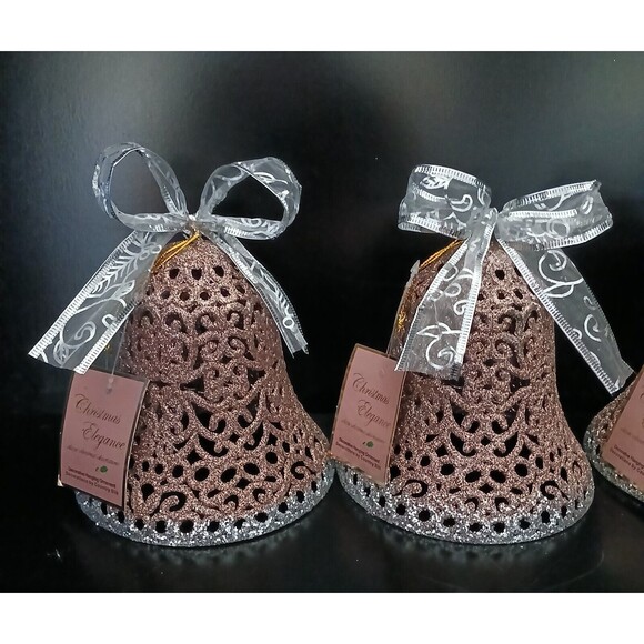 Holiday Hanging Bell Ornament Decorations Set of 4 Plastic Rose Gold/Glitter 6" - Picture 2 of 10
